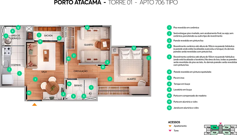 Planta humanizada do apartamento 2 quartos com sacada do Porto Atacama
