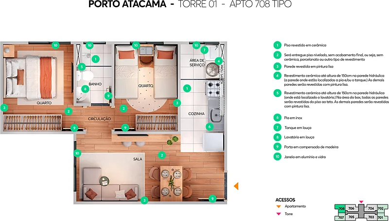 Planta humanizada do apartamento 2 quartos do Porto Atacama