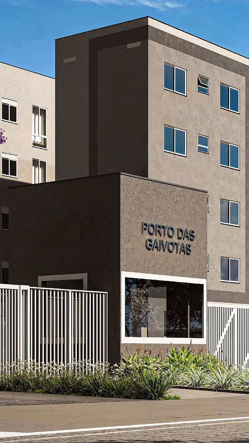 Portaria e fachada do Porto das Gaivotas, na Restinga
