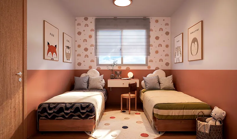 Quarto decorado com duas camas no Porto das Gaivotas