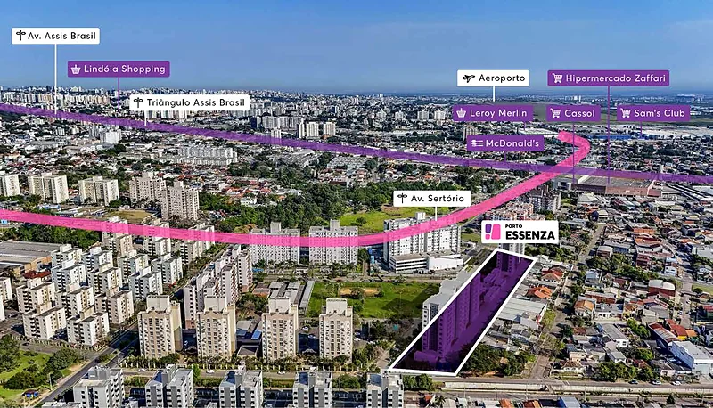 Foto aérea com a localização do Porto Essenza e os pontos de referência próximos