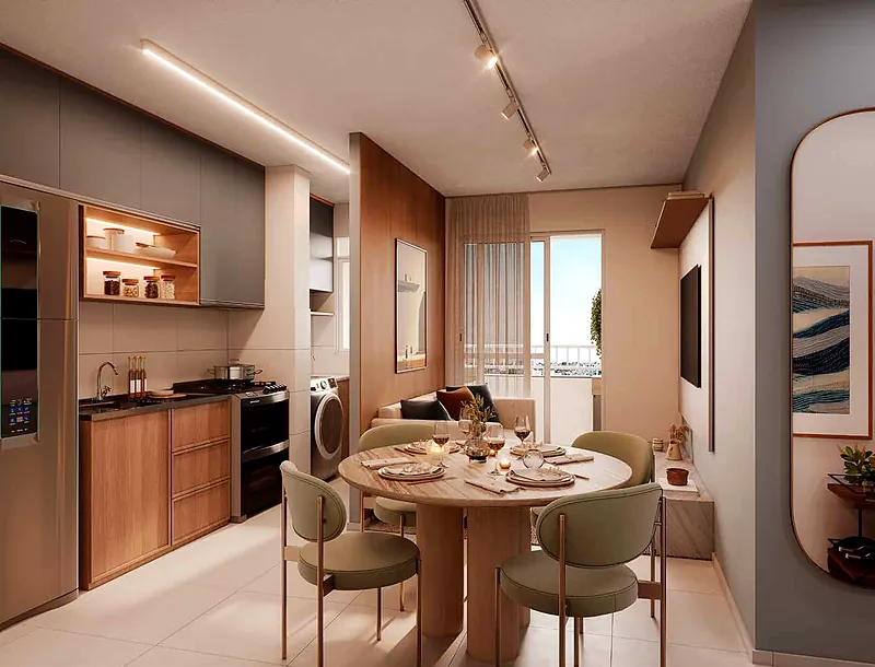 Sala integrada à cozinha no Porto Essenza