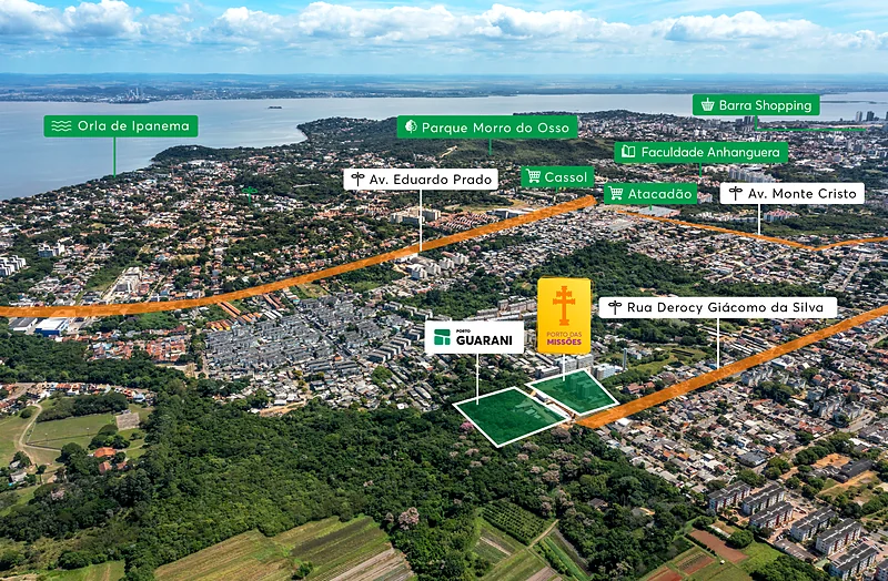 Foto aérea com a localização do Porto Guarani na zona sul e os pontos de referência próximos