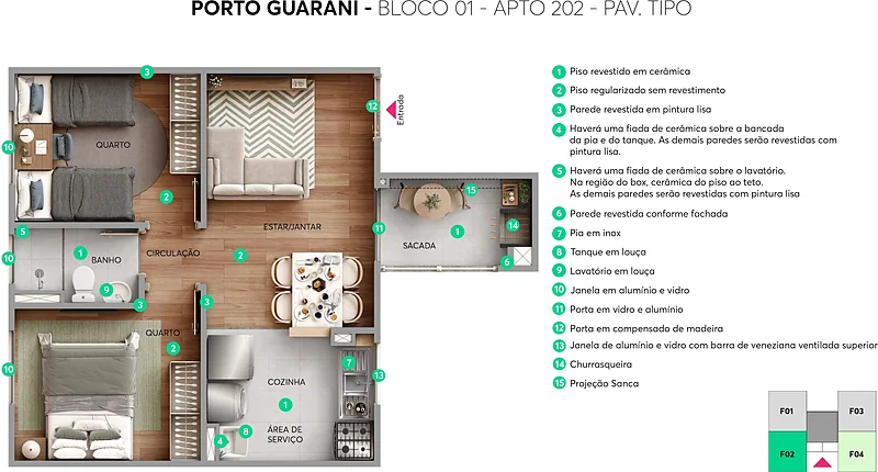 Planta humanizada do apartamento 202 do Porto Guarani