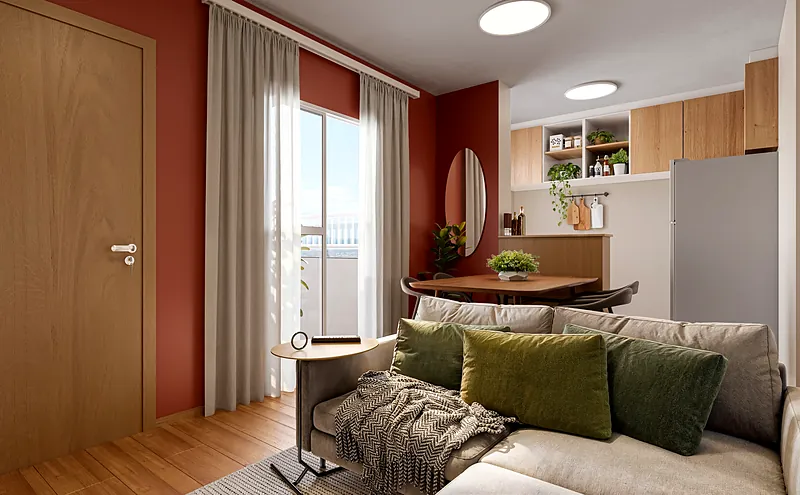 Sala integrada à cozinha no Porto Guarani