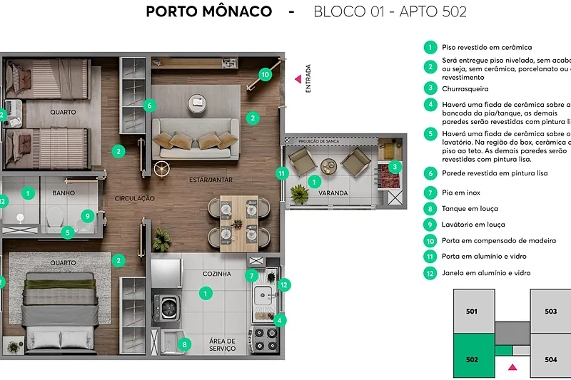 Planta humanizada do apartamento de 2 quartos do Porto Mônaco