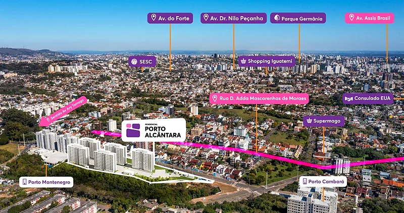Foto aérea com a localização do Residencial Porto Alcântara e os pontos de referência próximos