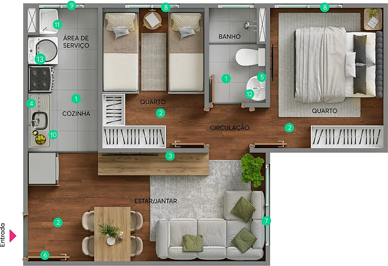 Planta humanizada de 2 quartos do Residencial Porto Alcântara