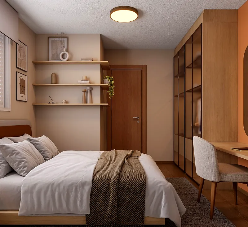 Quarto de casal decorado no Residencial Porto Alcântara