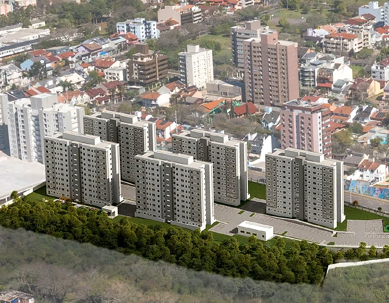 Perspectiva aérea das torres do Residencial Porto Alcântara