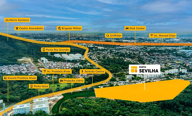 Foto aérea com a localização do Residencial Porto Sevilha e os pontos de referência próximos