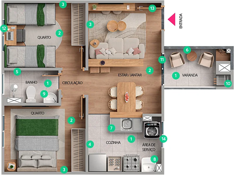 Planta humanizada de 2 quartos com varanda do Porto Sevilha