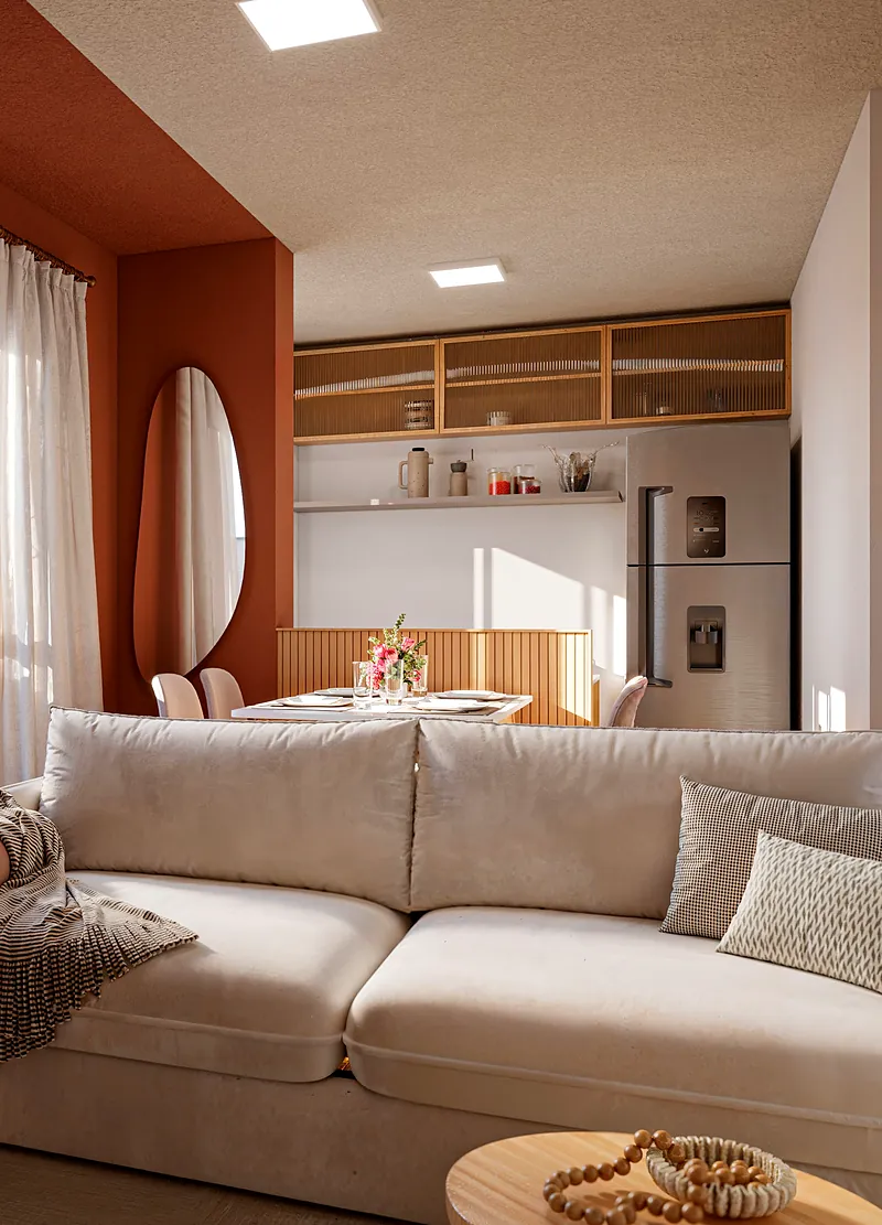 Sala integrada à cozinha no Residencial Porto Sevilha